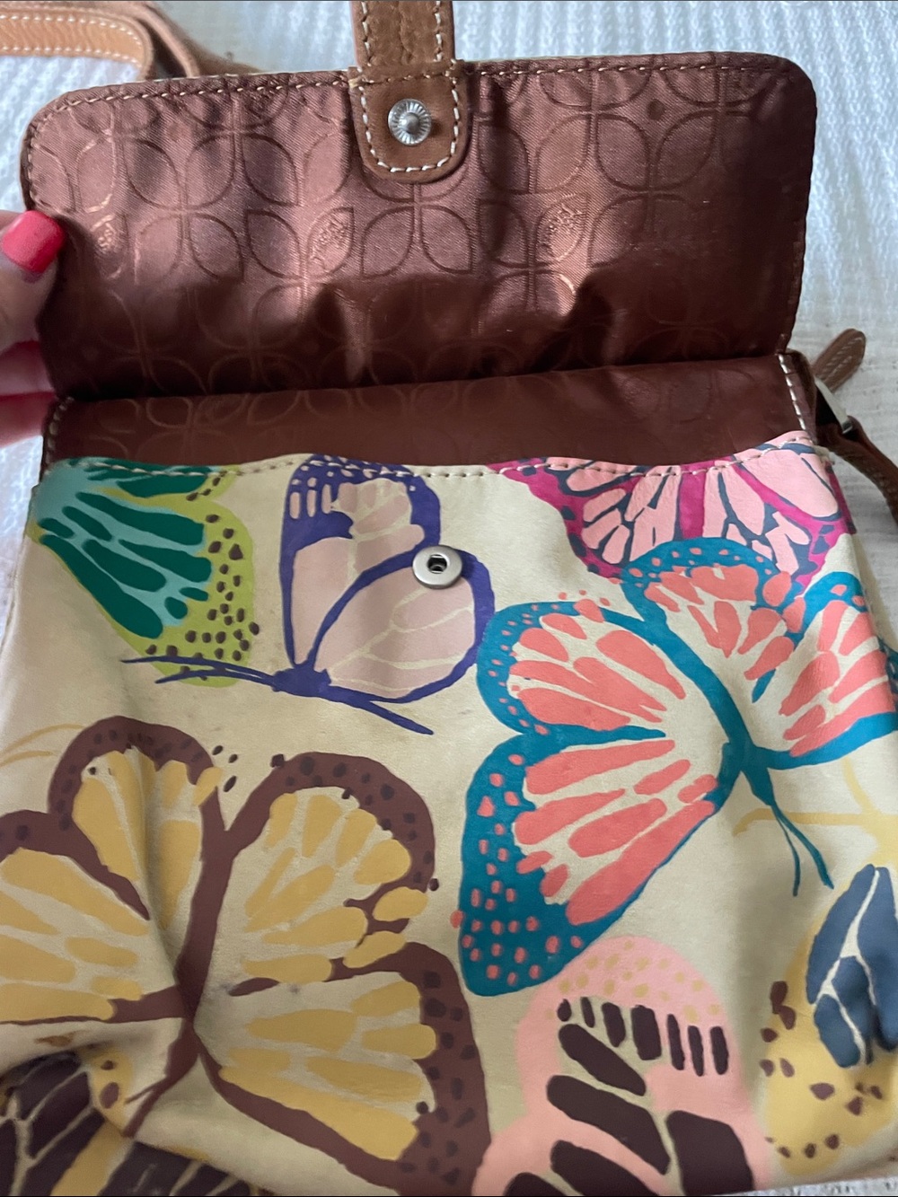Fossil Multicolor Butterfly Print Crossbody Bag - Cream and Brown Trim - Picture 5 of 5